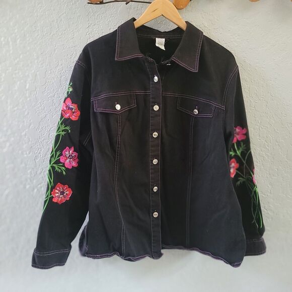 Bob Mackie Wearable Art Button Up Black Denim Jacket Embroidered Florals 1X - Picture 1 of 7